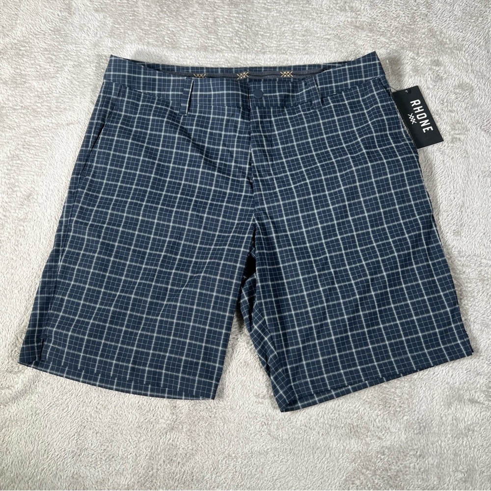 RHONE‎ Men's 9" Dune Golf Shorts 33 Navy Windowpane Check Performance New
